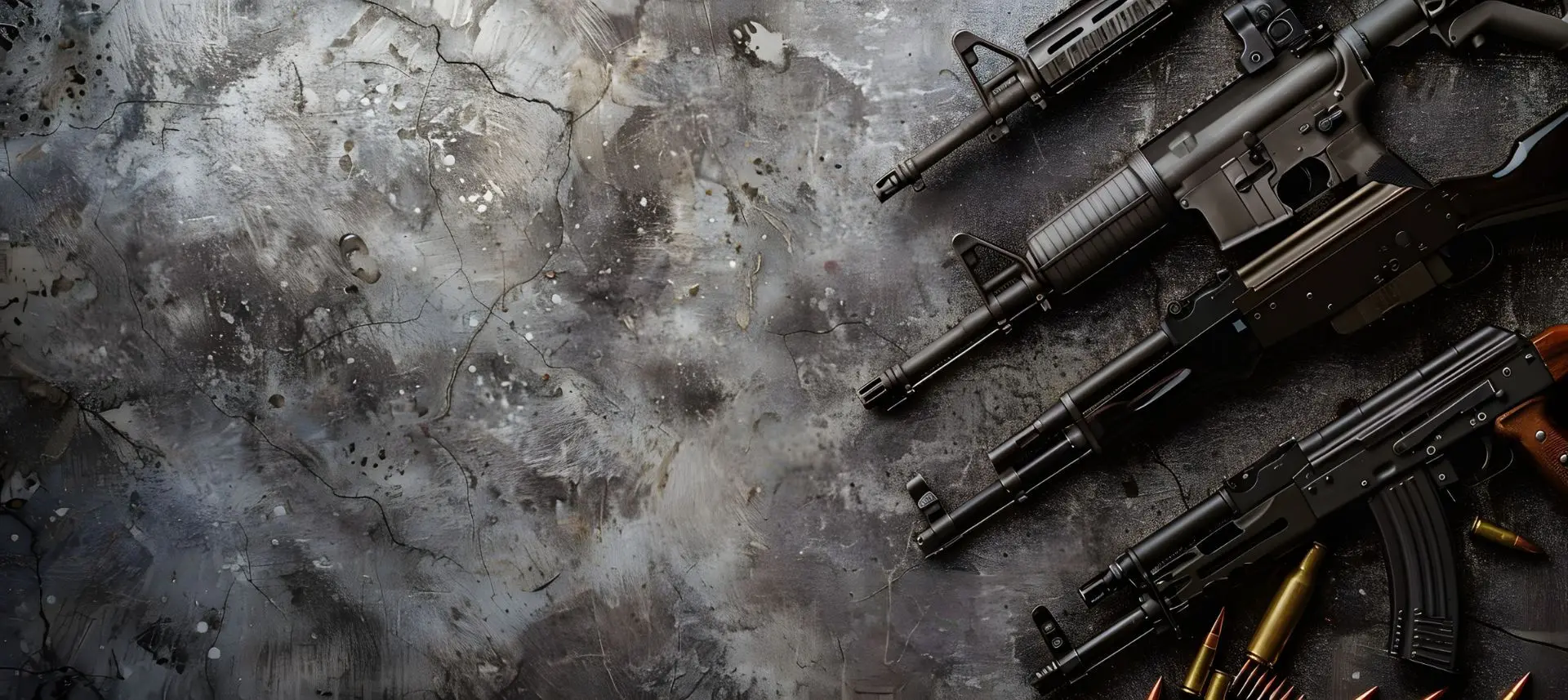 Rifles and ammunition laid out on a dark stone surface