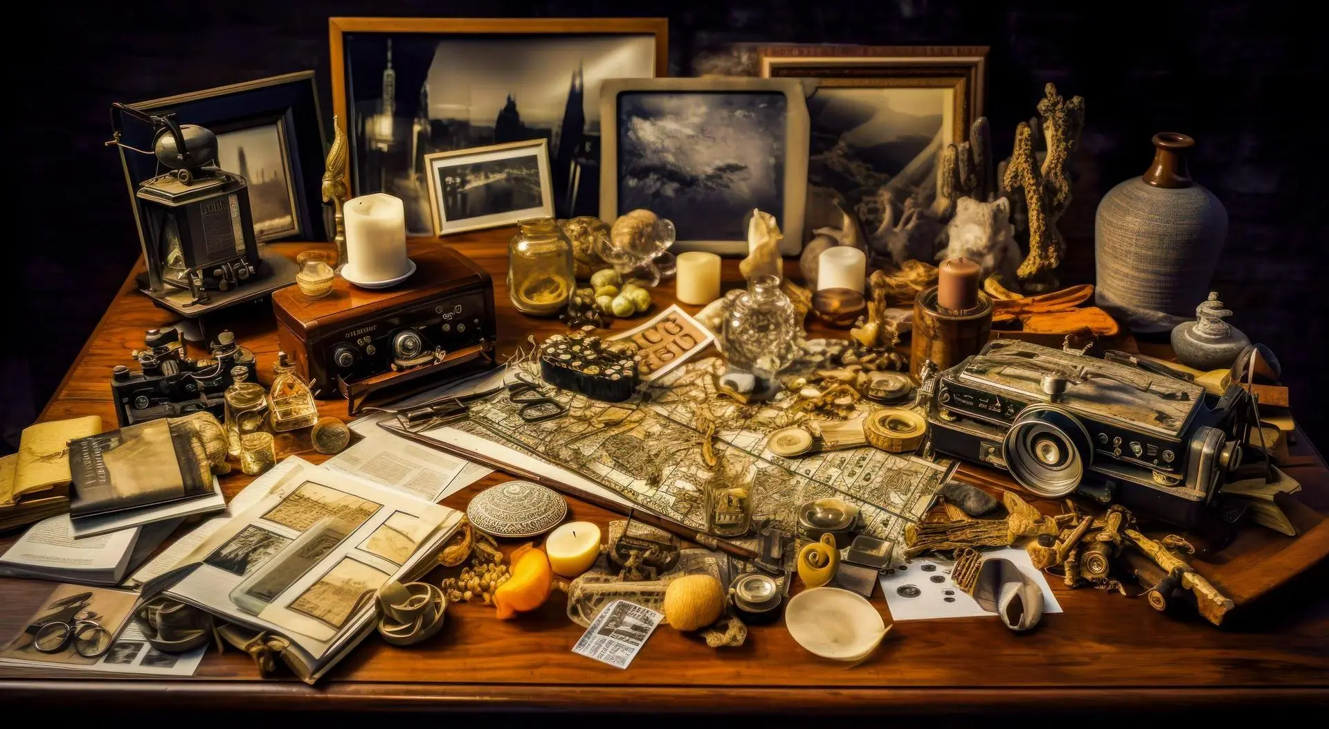 A table topped with a variety of antique items