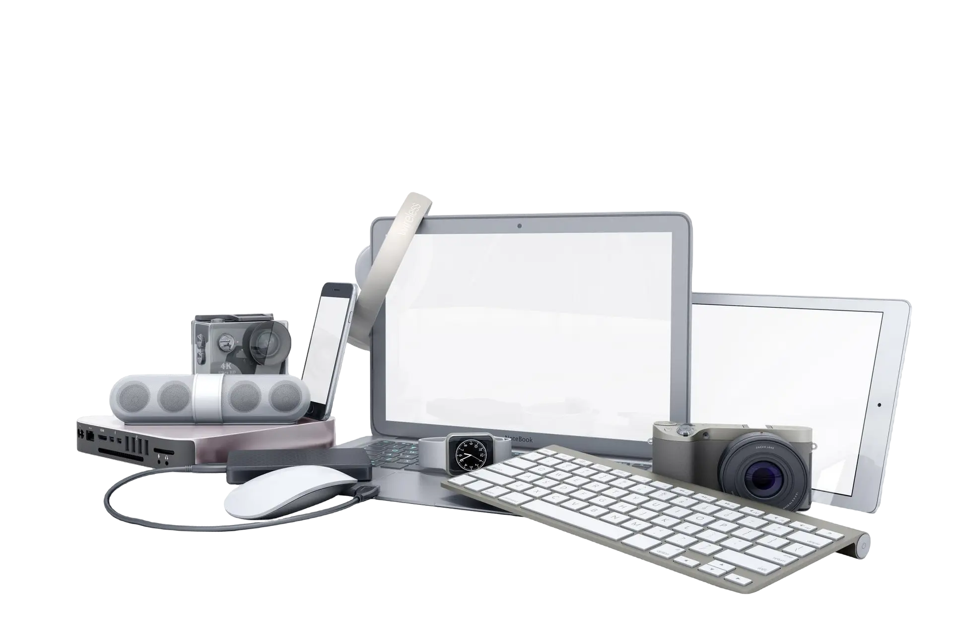 Laptop, tablet, smartphone, camera, speaker, and keyboard grouped together