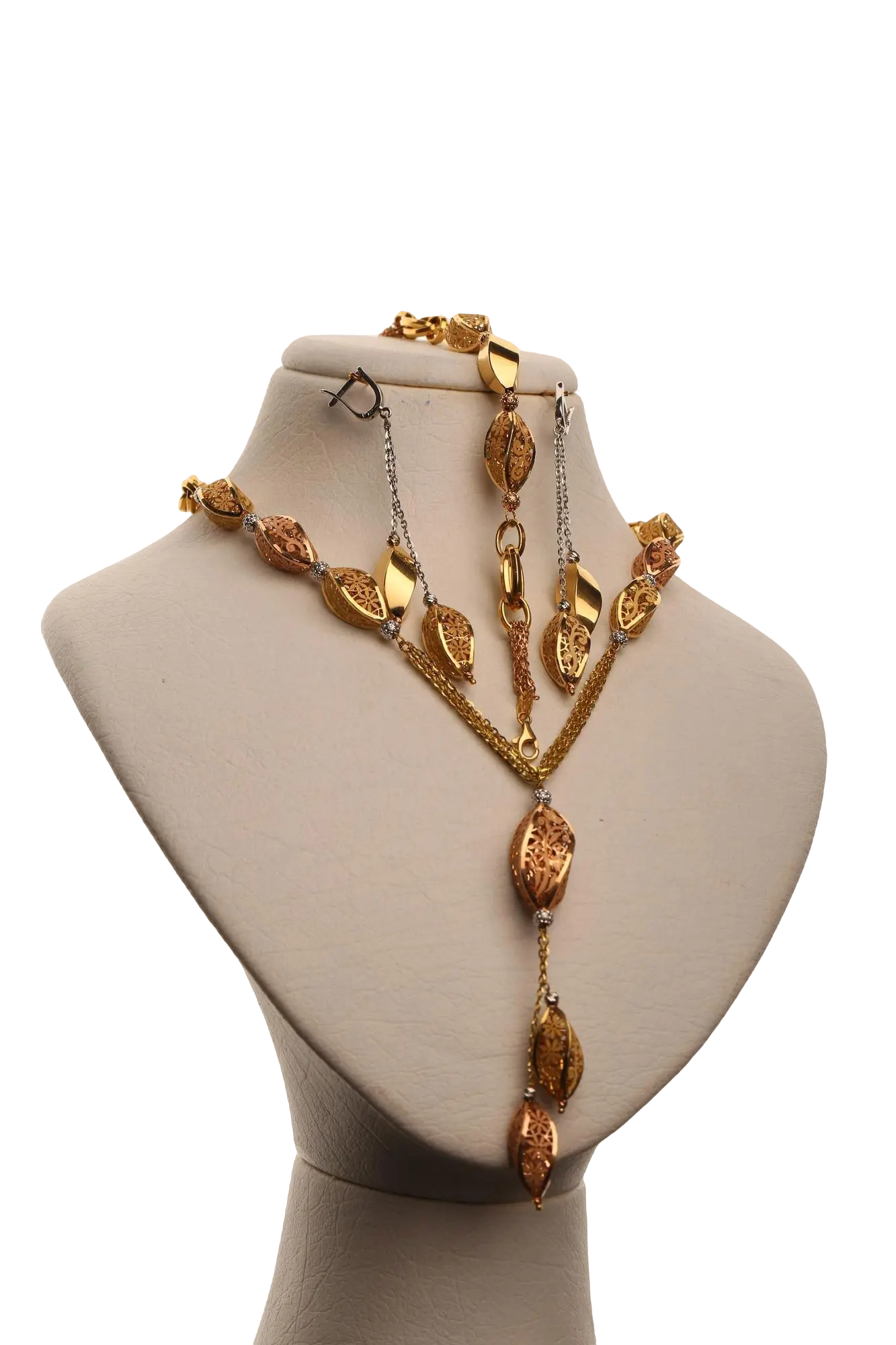 Gold necklace with amber stones displayed on a jewelry bust