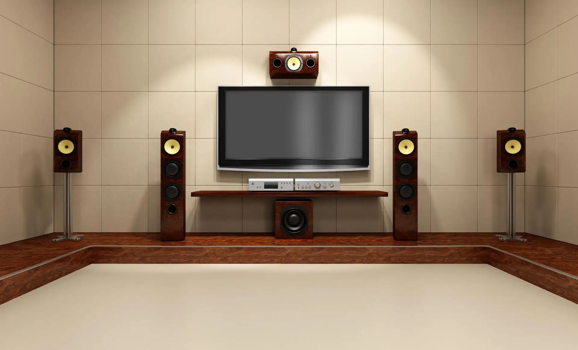Home theater setup with a flat-screen TV and tower speakers